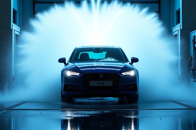 高速洗車機から出てくる輝く車